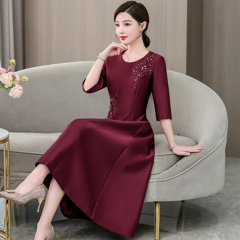 妈妈连衣裙中长款旗袍婚礼婚宴礼服喜婆婆装敬酒气质高端女款洋气