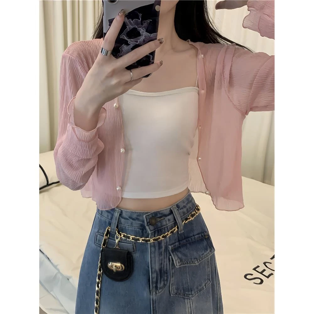 开衫女薄纱小外搭外穿粉红色雪纺披肩夏季配吊带裙子短款罩衫