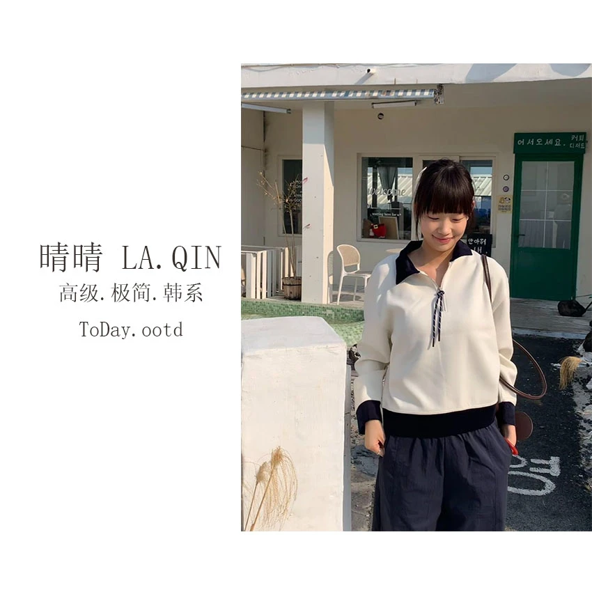 晴晴家-【慢调生活】春季韩系休闲百搭纯色时尚半拉链翻领卫衣1329