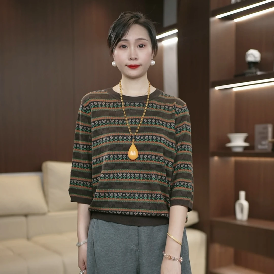 时尚复古中袖条纹提花针织衫女2025春秋新款百搭休闲妈妈上衣3312