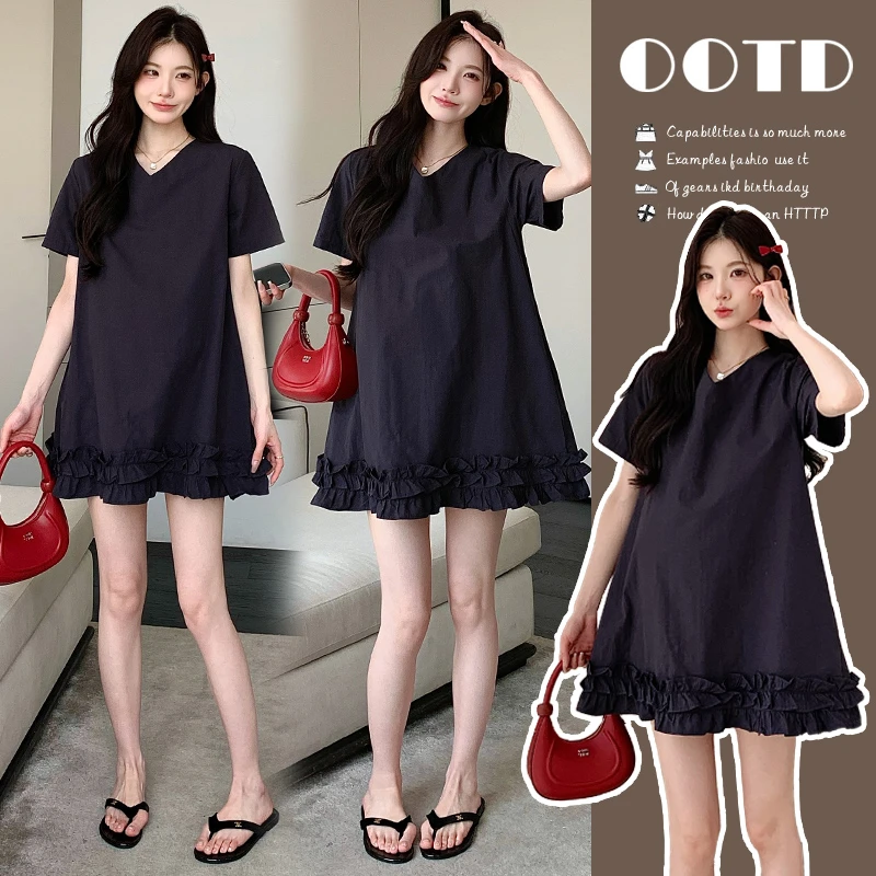 孕妇装夏季2025新款孕妇裙韩系前后两穿蝴蝶结系带大码孕妇连衣裙