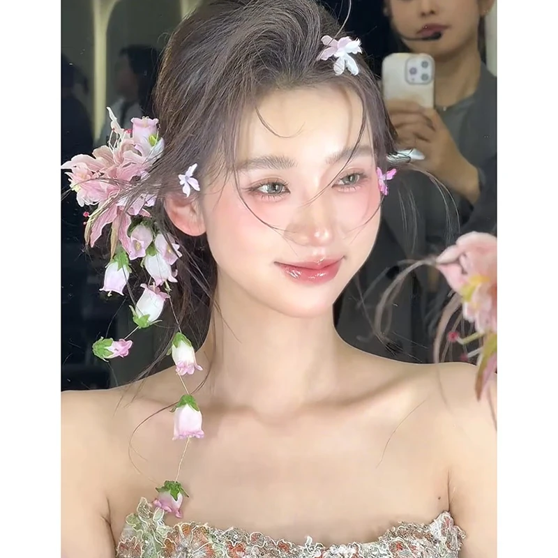 粉色仿真花风铃花朵森系新娘发带超仙结婚头饰20250335