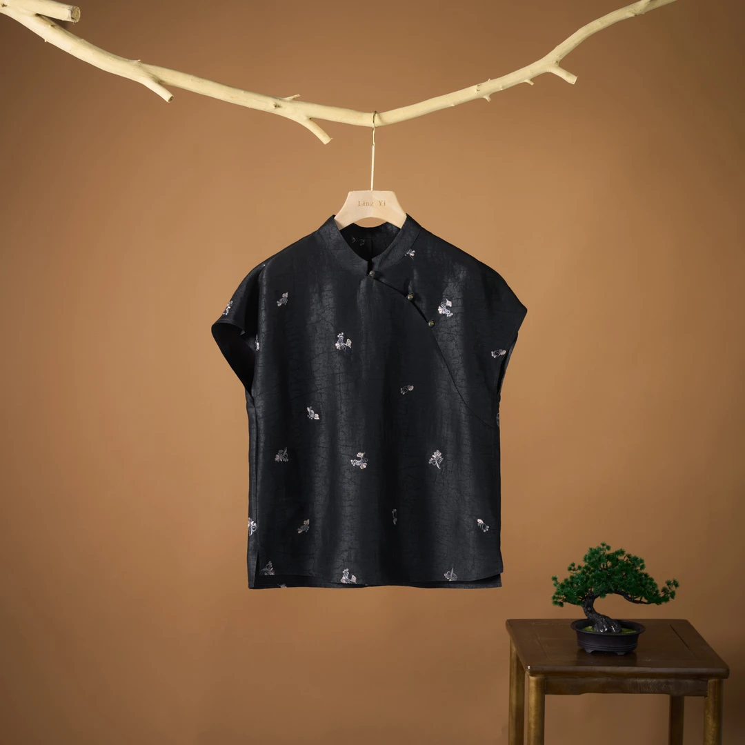 非遗真丝龟裂纹香云纱马甲T恤衫桑蚕丝短袖上衣 新中式斜襟衬衫女