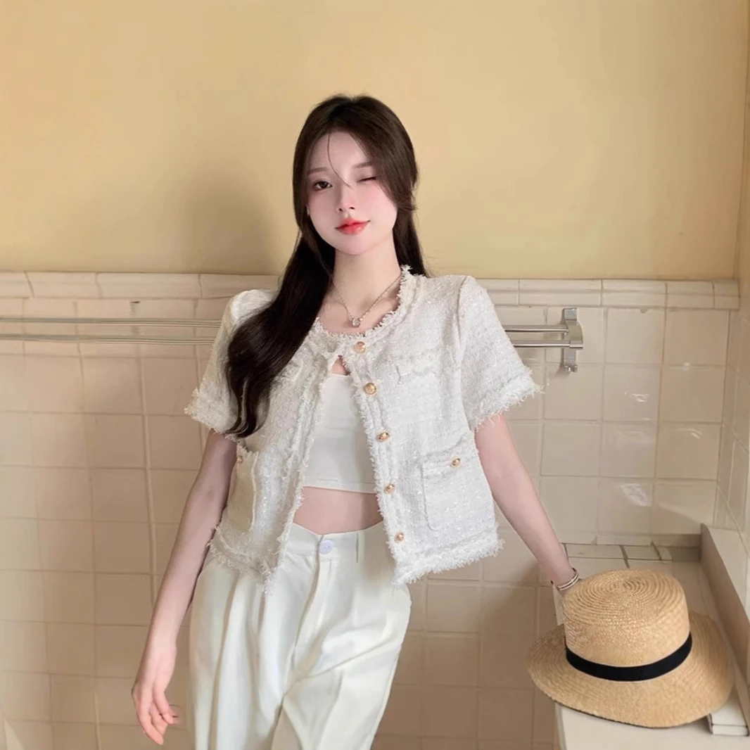 法式小香风流苏短袖外套女春秋设计感圆领名媛风气质外搭开衫上衣