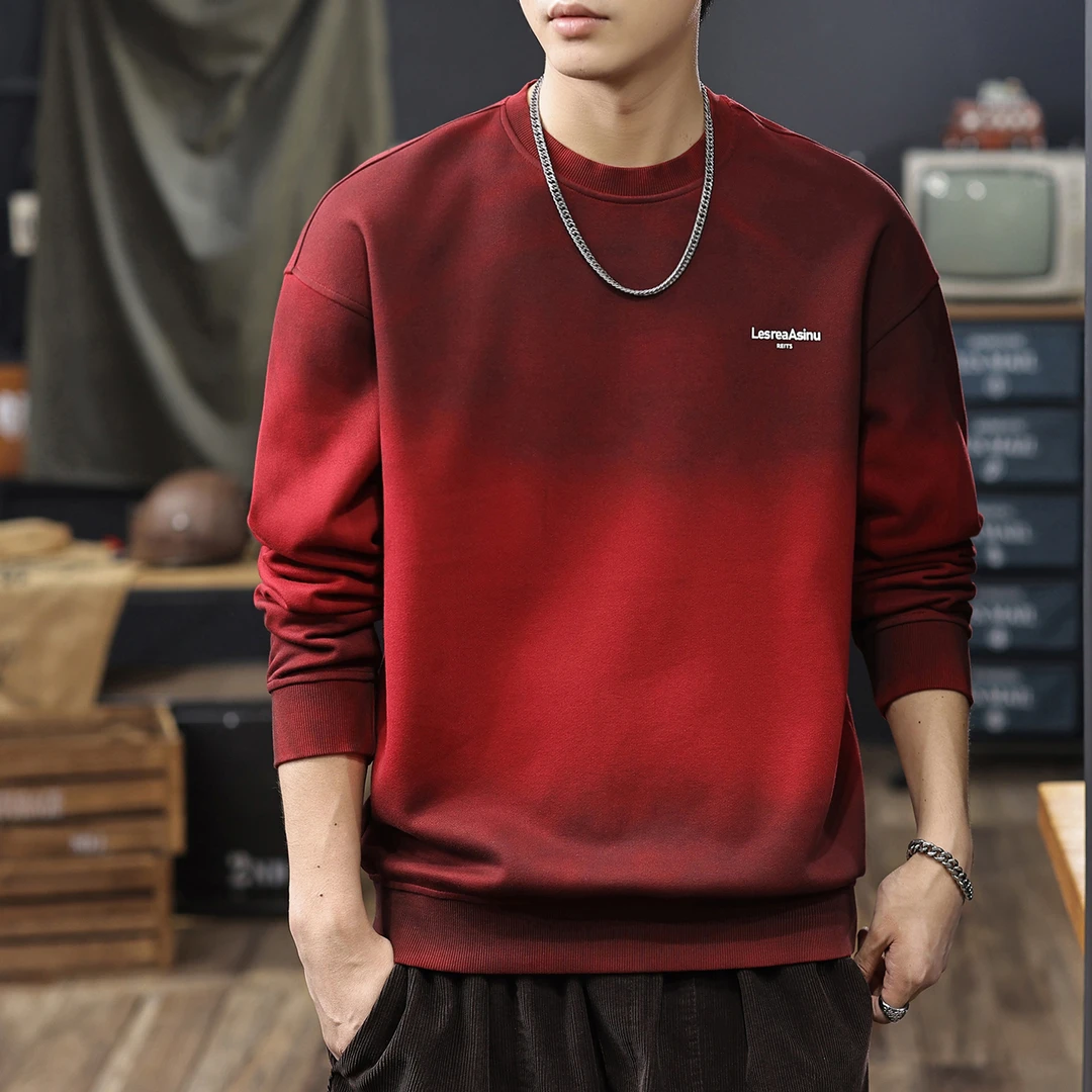 MR.MUDI/穆迪先生重磅厚款安可拉红水洗渐变卫衣男宽松长袖打底衫