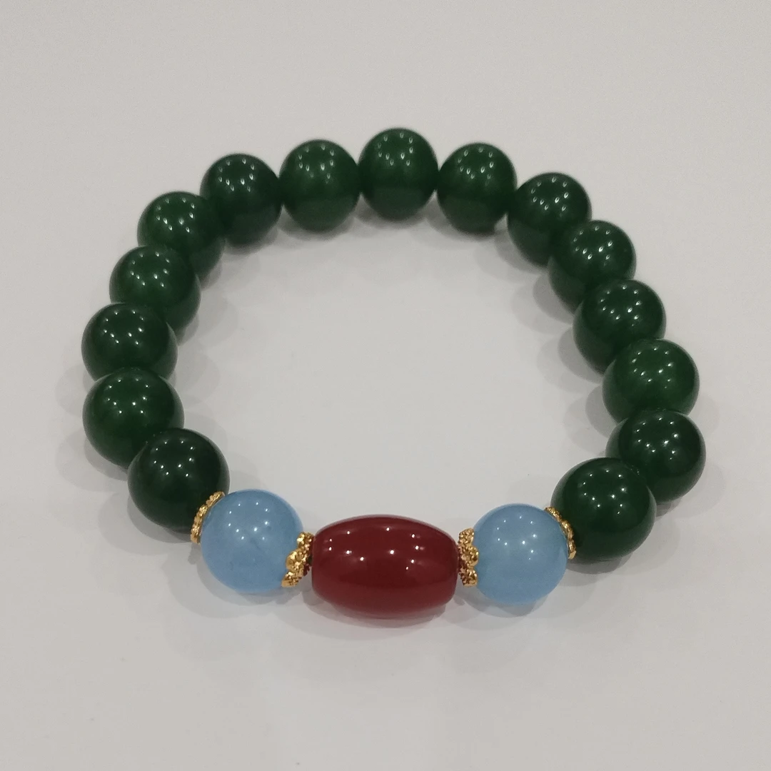 天然卡10和田玉配天然海蓝宝加天然玛瑙路路通桶珠时尚手链104