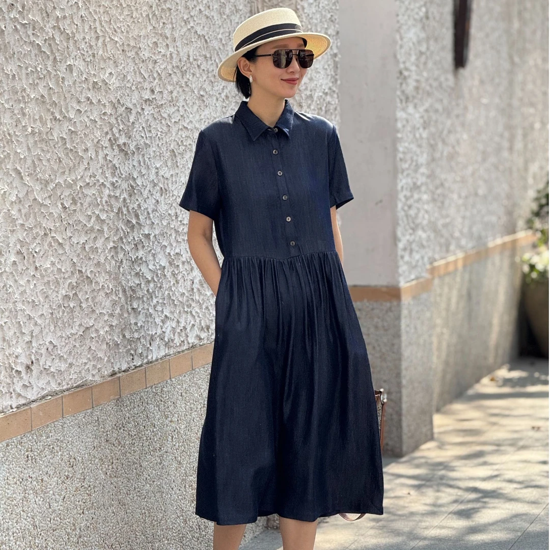 （YY推荐）漫步波光 时尚夏季纯色显瘦复古设计师款中式简约连衣裙