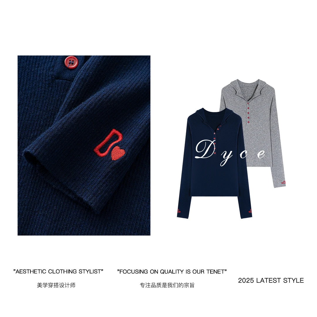 DYCE【心柔】绵羊毛简约高级袖口刺绣撞色扣子连帽针织衫百搭毛衣
