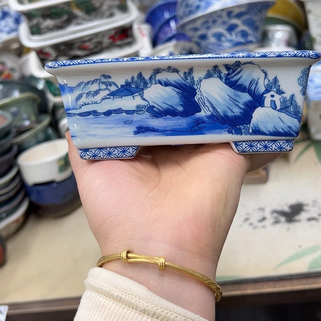 花盆紫砂598号瑕疵15/12/5cm仿手绘青花山水