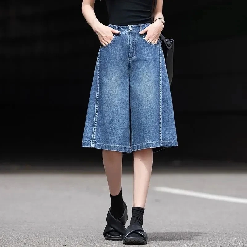 六分牛仔裤阔腿裤女五分短裤新款2025年夏季薄款高腰宽松直筒中裤