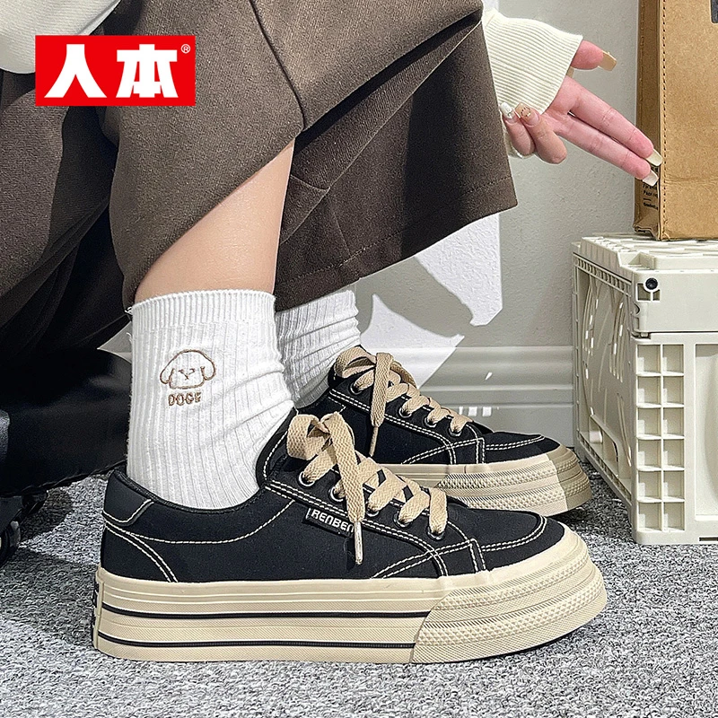 人本女鞋春秋新款帆布鞋运动休闲鞋学生厚底百搭通勤复古情侣鞋