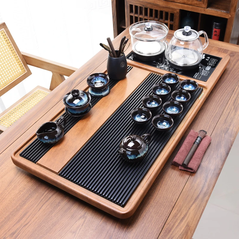 初然茶具套装家用整套全自动烧水壶一体实木茶盘客厅泡茶功夫简约