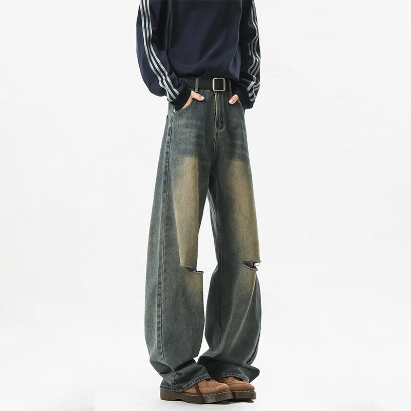 美式高街破洞牛仔裤男春秋水洗潮牌痞帅阔腿裤日系宽松拖地休闲裤