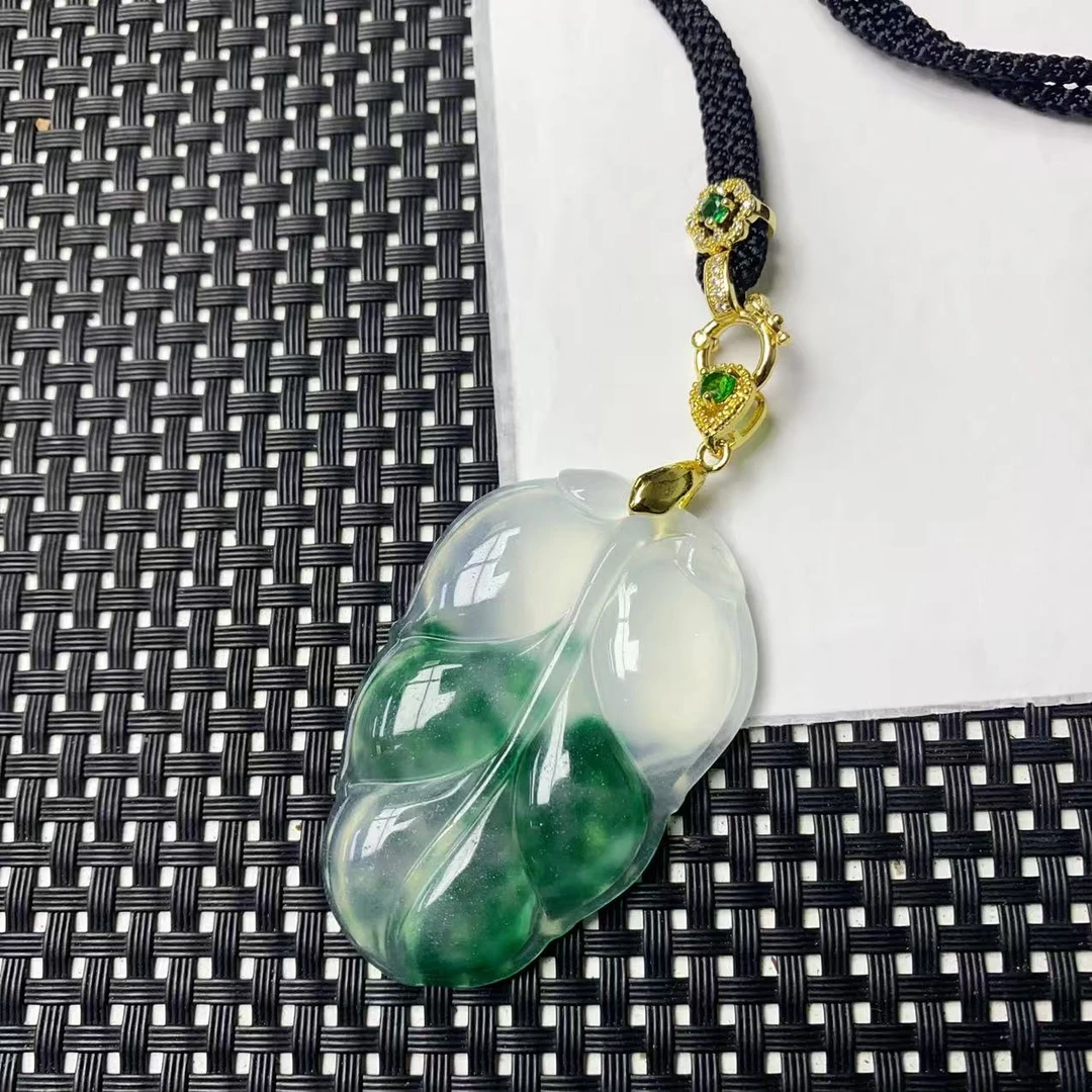 [石矿]A1475绿花大叶子项链吊坠
