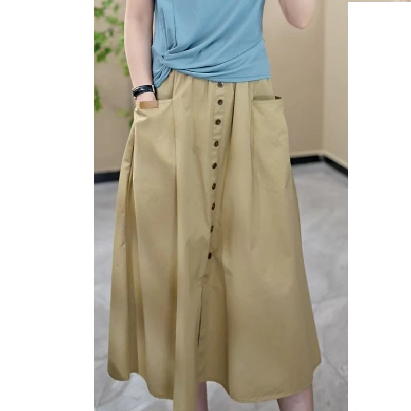 升级款半身裙女2025新款高腰a字裙百搭显瘦开叉伞裙宽松中长款