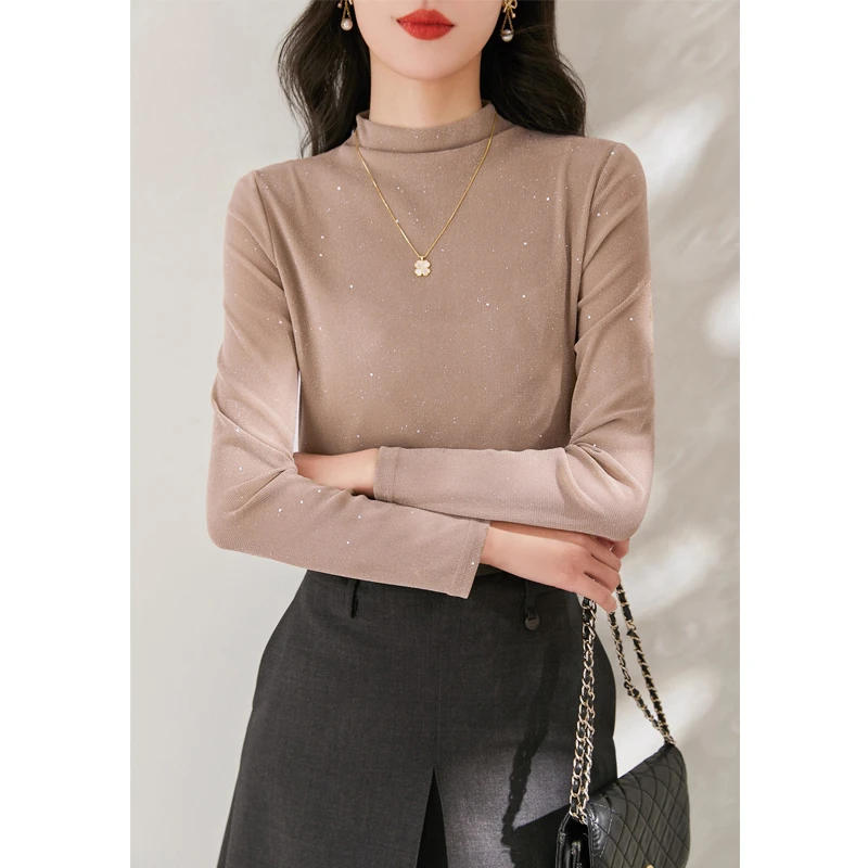 温柔亮片网纱 时尚百搭半高领打底衫 微透视长袖内搭上衣女25秋冬