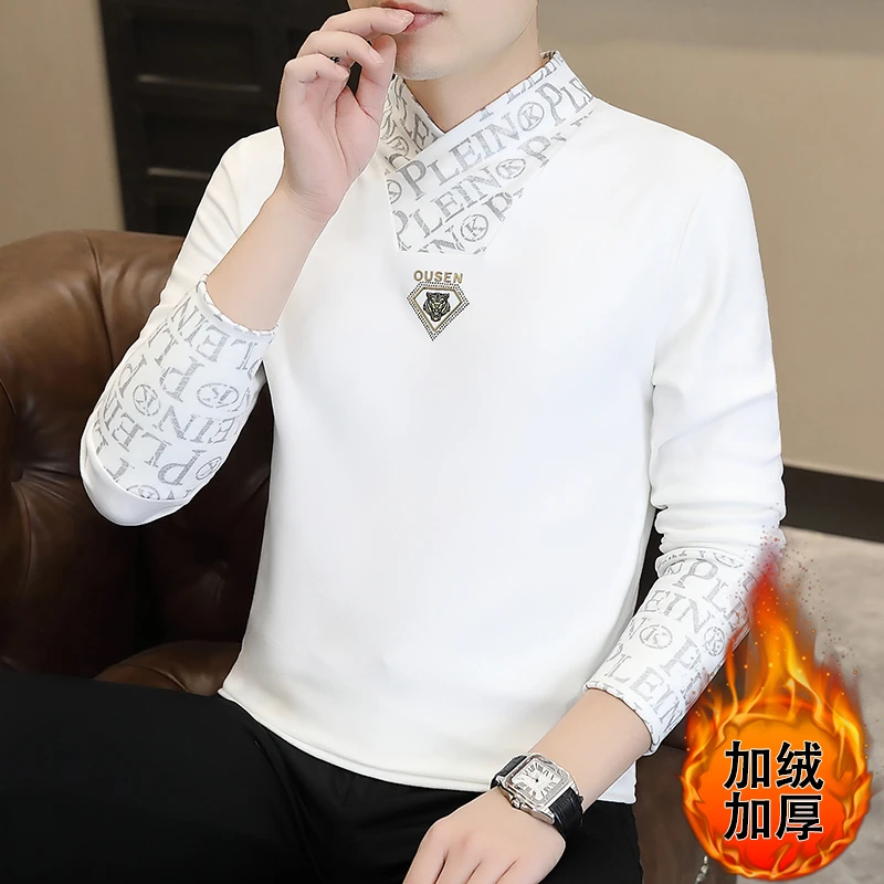 时尚交叉领打底衫男冬季双面德绒磨毛假两件卫衣高品质轻奢上衣服