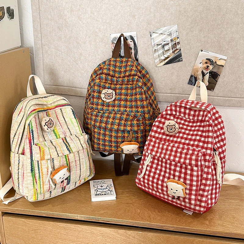 禾果铺子旅行包女韩版双肩包新款创意小背包时尚格子布艺百搭背包