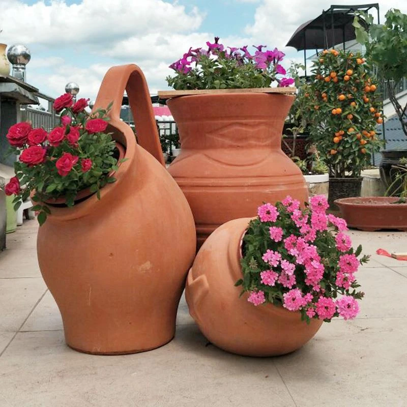 酒店会所大红陶花盆落地景观陶瓷罐户外组合素烧粗土陶罐斜口落地