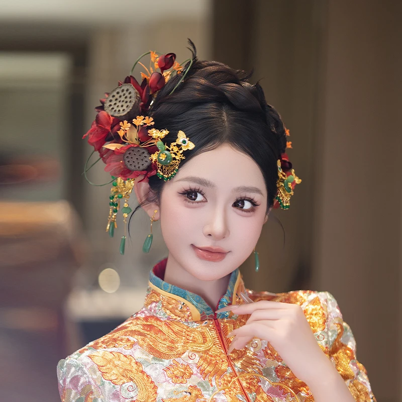 合金婚庆饰品 新娘金绿发钗古典仿真复古新中式莲藕花发饰MT0158