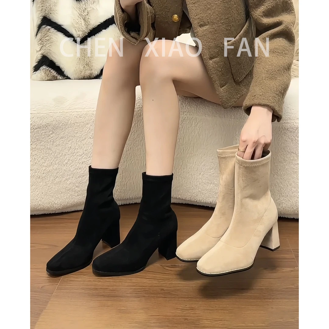 复古厚底弹力短靴马丁靴女瘦瘦靴袜靴2025秋冬新款粗跟方头靴子