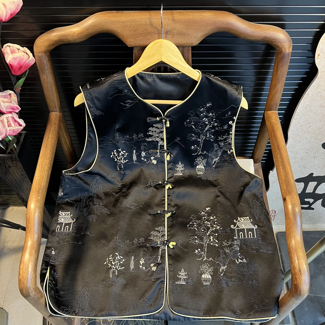 猫家YZM新中式国风高级感刺绣亭台楼阁马甲728