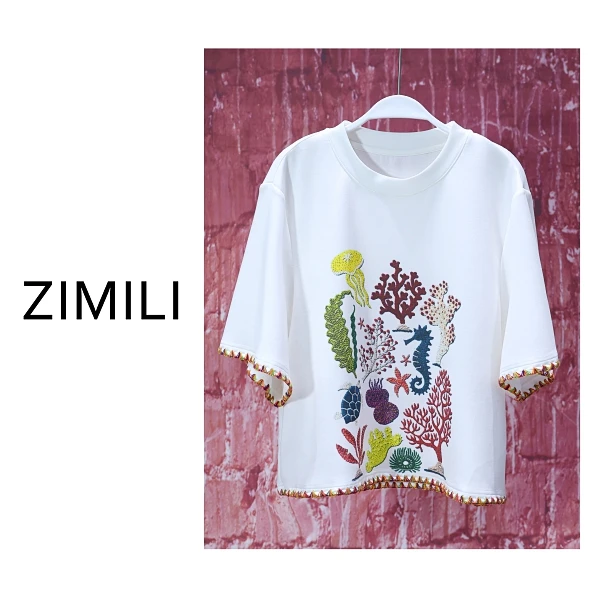 【亮哥女装】2025欧版设计师象牙白植物印花高克重休闲短袖8526-C4