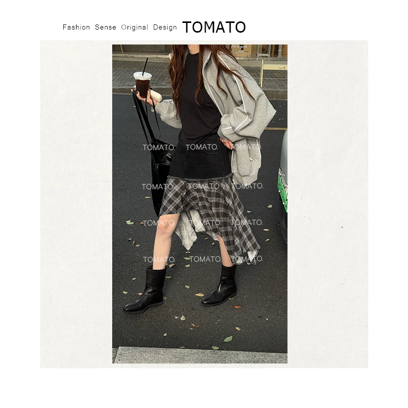 TomaTo-墨色格影-不规则格子拼接时尚牛仔显瘦半身裙C25Q78204