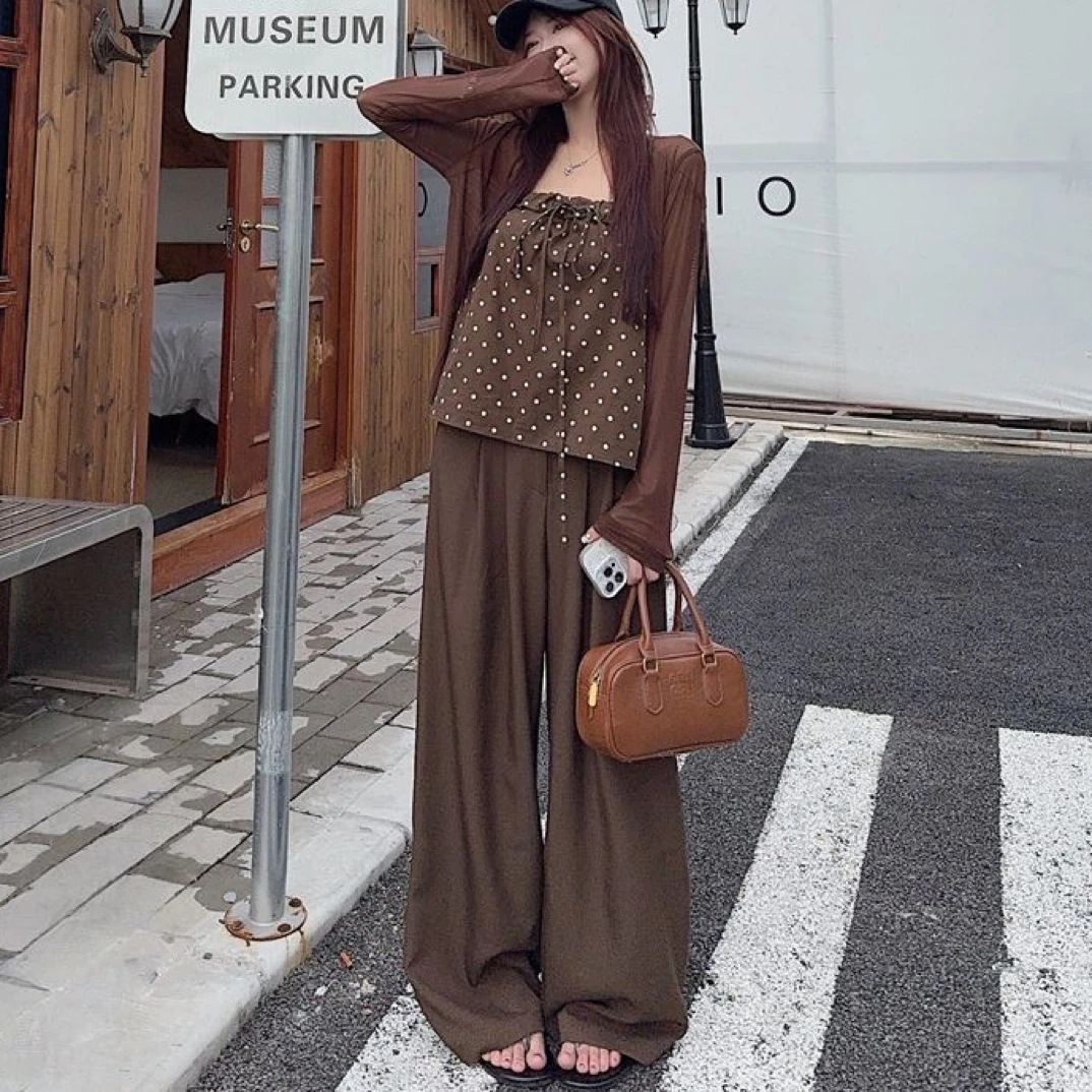 复古韩系时尚三件套女夏新款波点背心防晒外套阔腿长裤