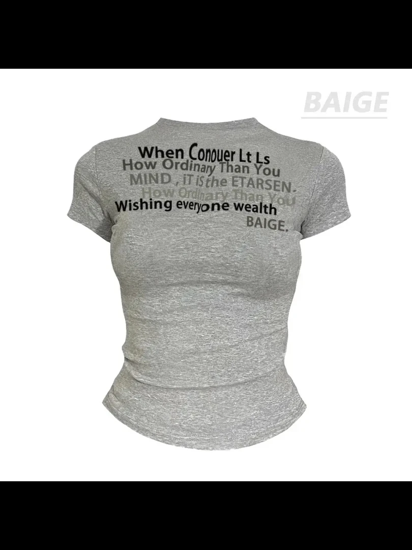 纯欲修身微胖辣妹圆领短袖女夏季新款设计感字母印花百搭显瘦上衣