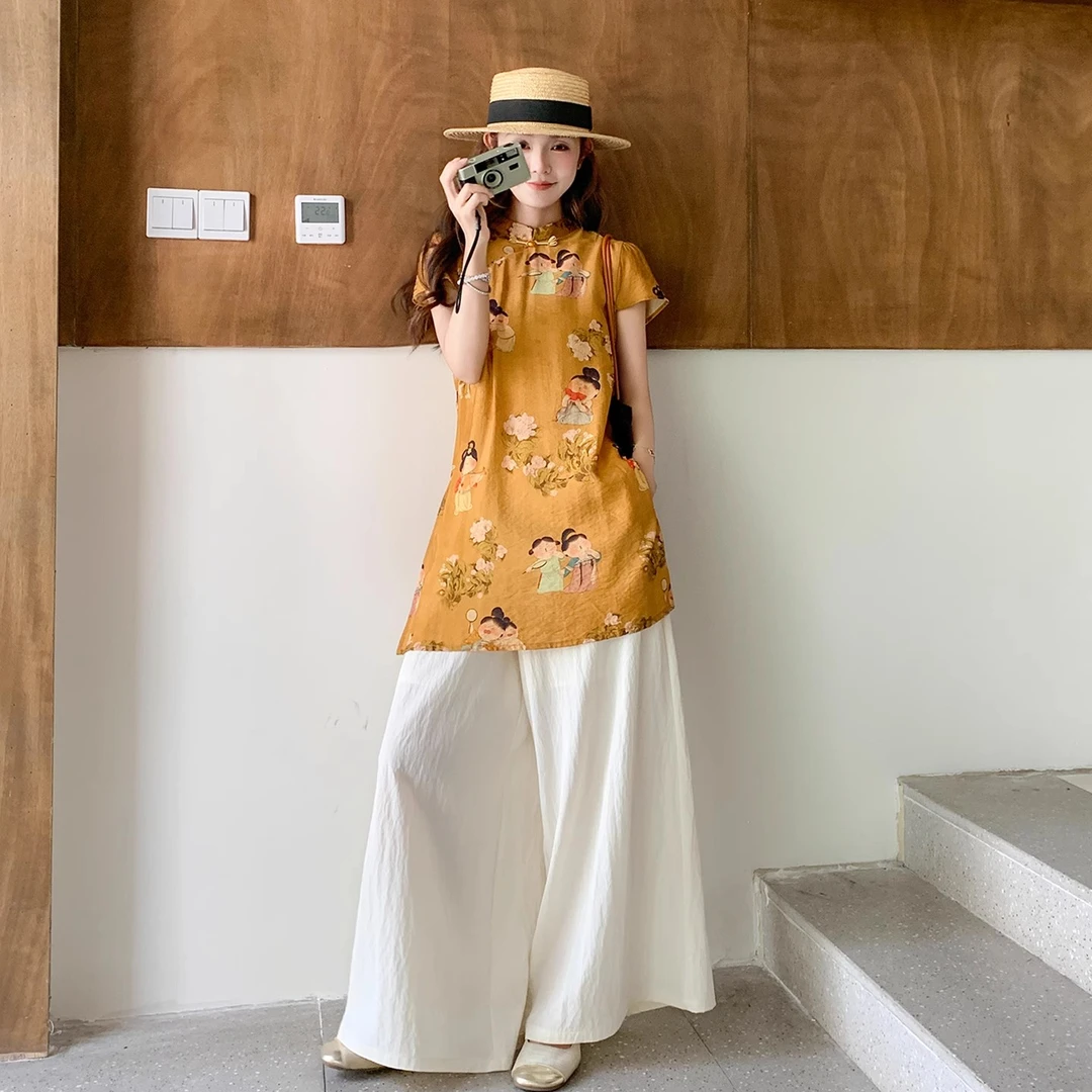 新中式国风印花盘扣上衣加阔腿裤两件套轻熟风复古通勤穿搭夏季