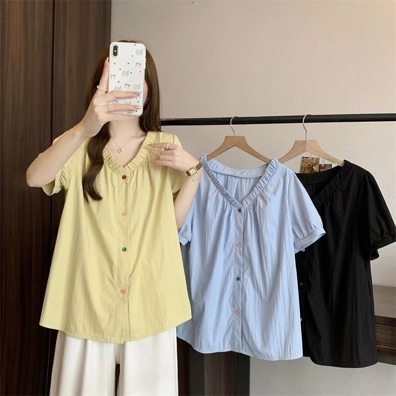 2025夏季大码衬衫韩系彩色扣子新款褶皱小衫设计感短袖V领上衣