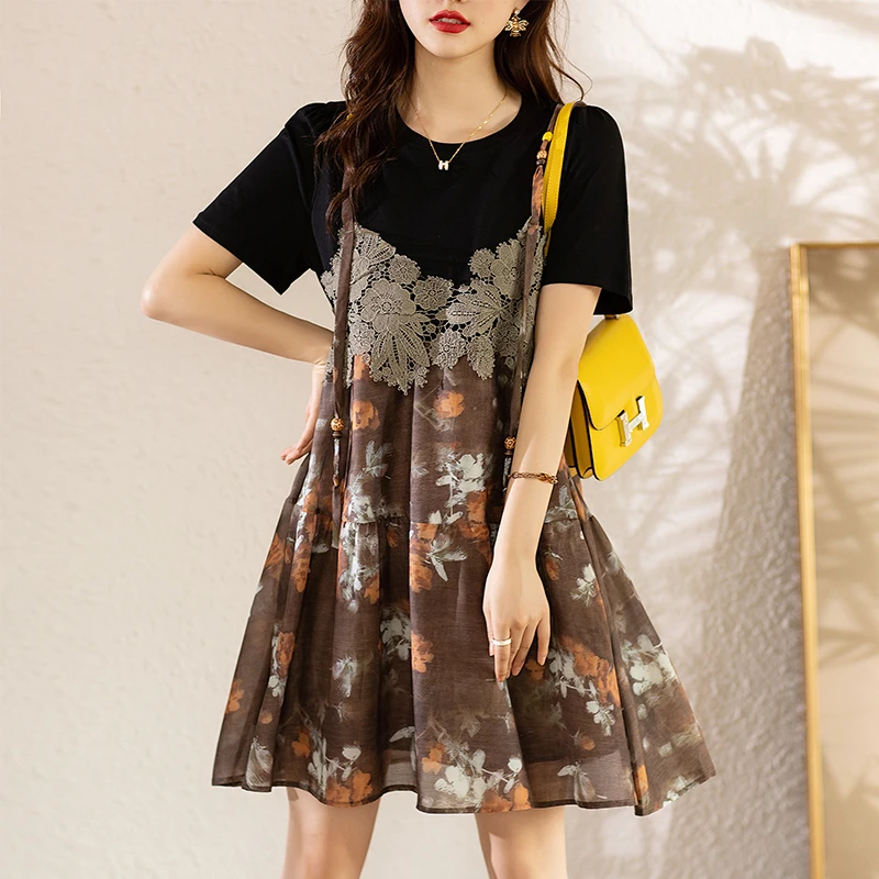 2025时尚假两件吊带蕾丝拼接减龄碎花气质连衣裙