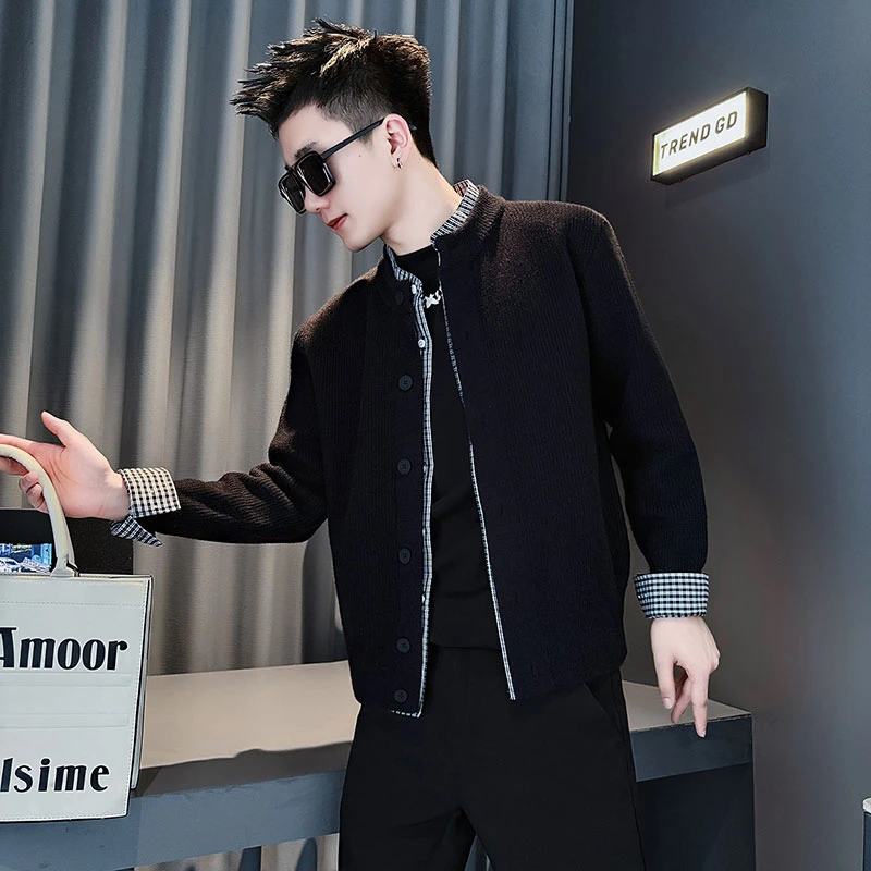 假两件格子拼接男士毛衣开衫秋季新款男装痞帅上衣针织衫男生外套