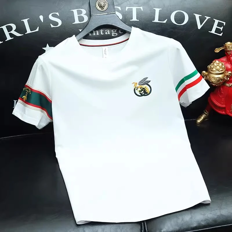 轻奢高端短袖T恤男士夏季新款爆款小蜜蜂刺绣潮流痞帅纯棉半袖t恤