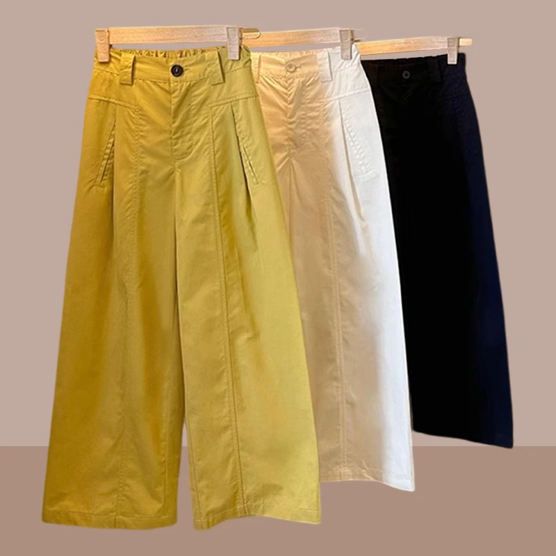 夏季薄款黄色小个子西装阔腿裤女2025新款高腰宽松九分直筒休闲裤