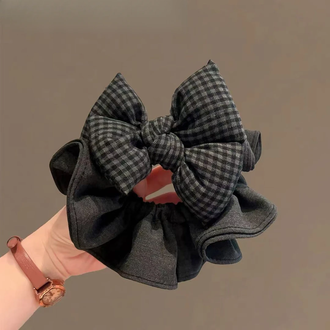 黑灰格纹蝴蝶结发圈韩系高端发饰头绳2025新款质感布艺肠圈发绳女