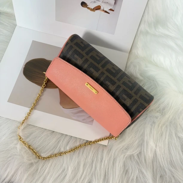 95新 FENDI/芬迪 粉棕拼色老花单肩包ys