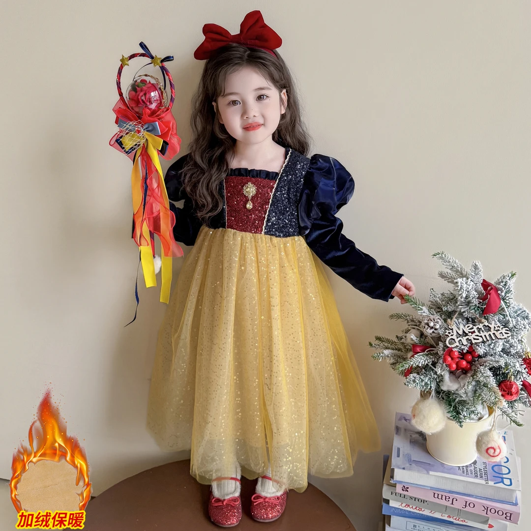女童加绒重工白雪公主礼服裙秋冬新款小女孩生日宴会网纱公主裙子