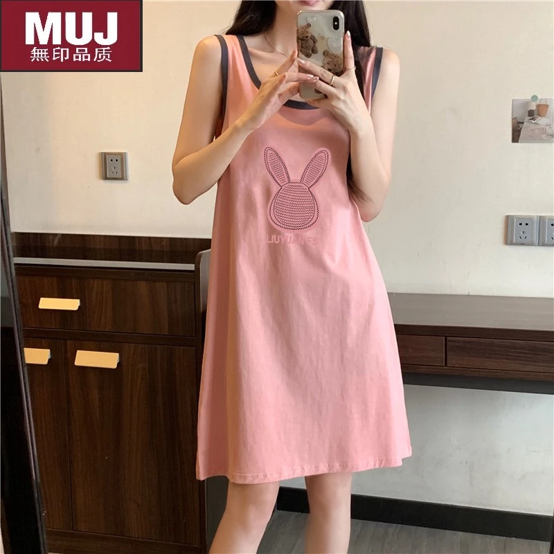 日本无印muj纯棉无袖背心睡衣女生%全棉中长款睡裙学生甜美可爱外