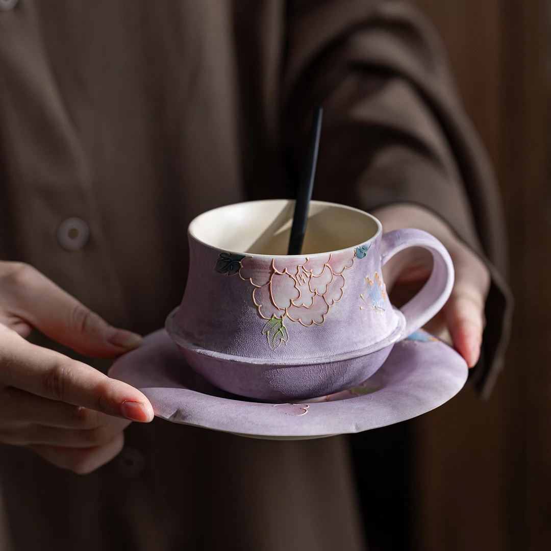 【小璟鹅】紫烟牡丹-咖啡杯 中式手绘陶瓷茶杯大容量女士水杯 210ml