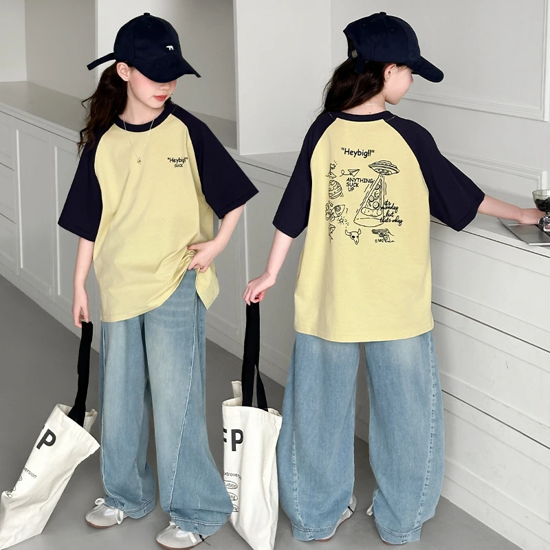 女童夏季韩版短袖T恤2025洋气新款6-12-15中大儿童休闲牛仔弯刀裤