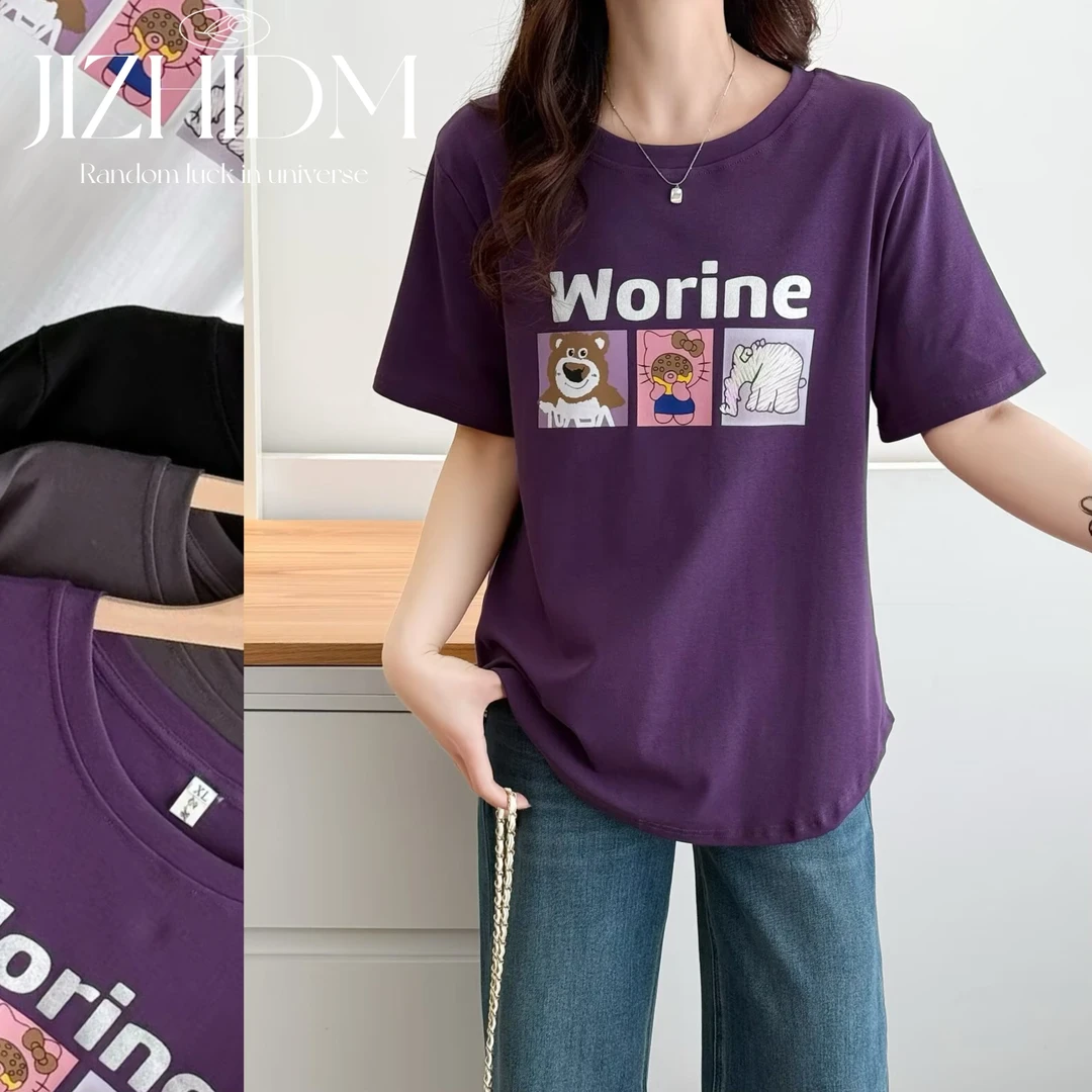 【100-200斤】夏季新款卡通印花圆领短袖弹力显瘦小衫女休闲百搭T恤