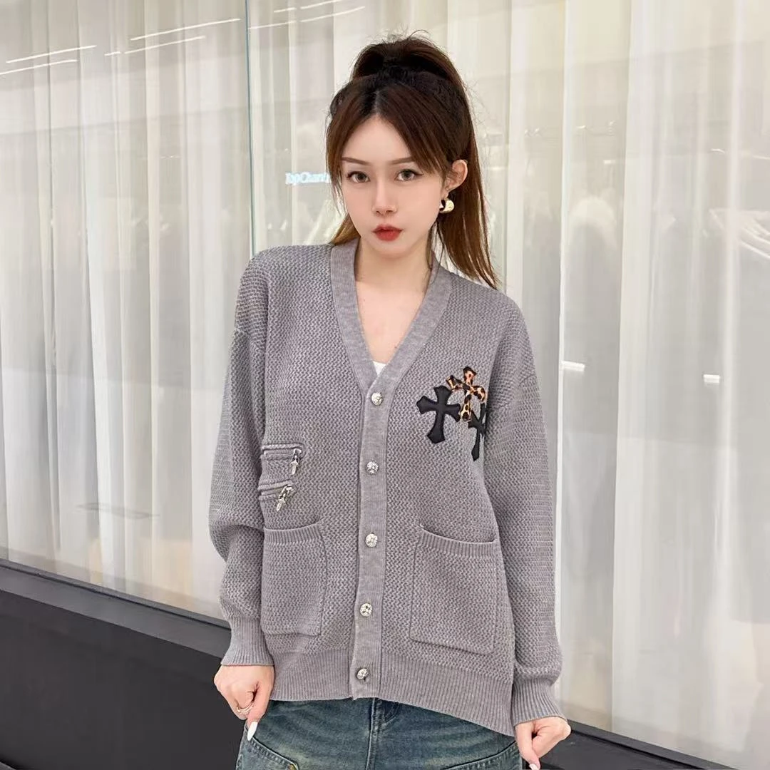 2025宽松型纯色秋冬厚款毛针织衫加厚贴布绣花开衫百搭长袖毛衣