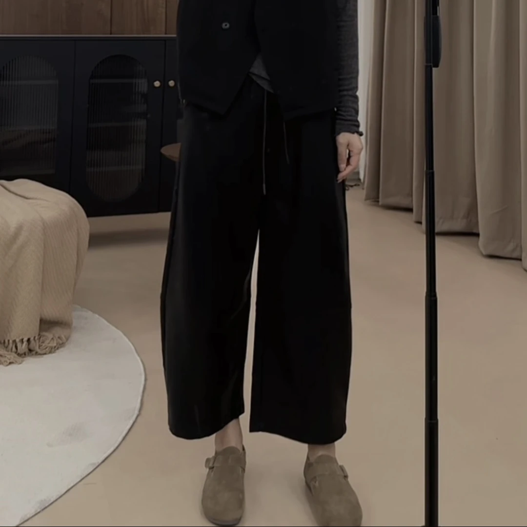 伟丽6店4296款【欧货抽绳松紧腰九分皮裤 】 慵懒风显瘦常规松紧腰