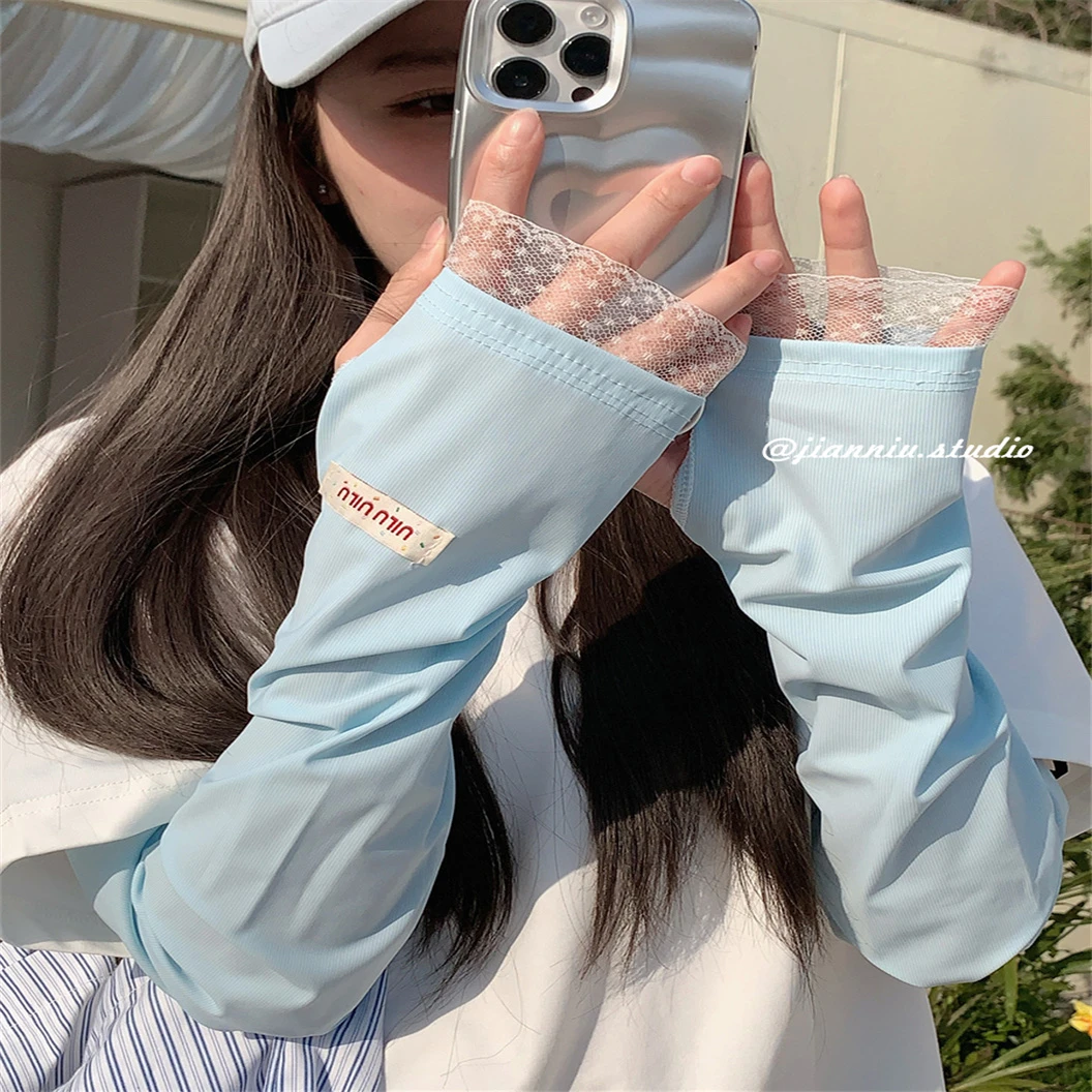拼接蕾丝花边防晒冰袖女夏季防紫外线护手臂遮阳薄款宽松冰丝袖套