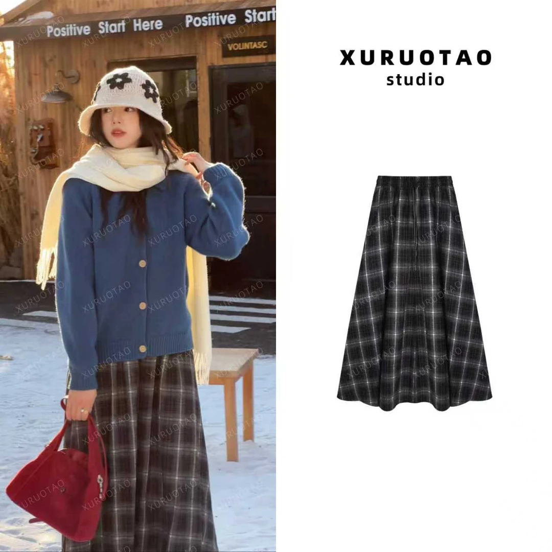 XURUOTAO 【岚岛格纹裙】羊绒棉混纺设计感显瘦格子半身裙 T5664
