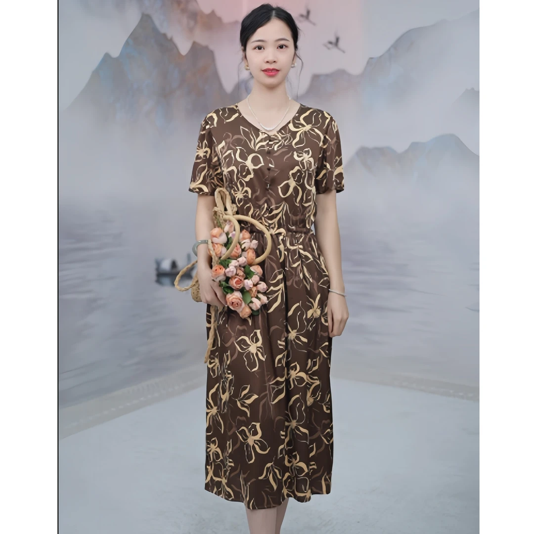 2560 法拿铁色设计感高级印花气质优雅显瘦女装连衣裙