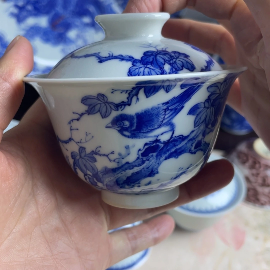 青花花鸟盖碗盖盖碗