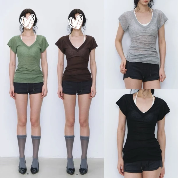 慵懒主义松弛感蝙蝠袖V领显瘦短袖微透薄款T恤#9247